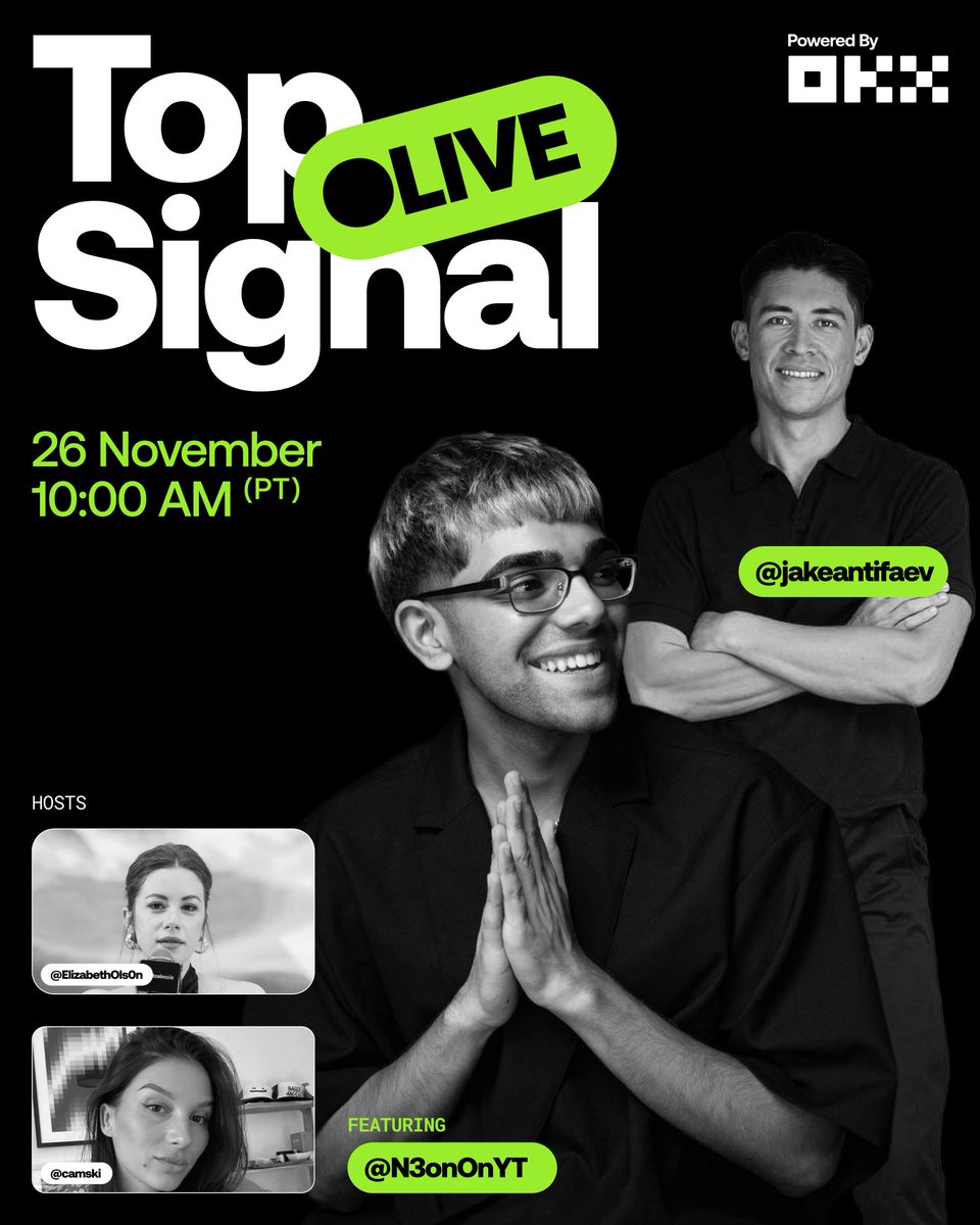 okx's tweet image. 🔴 LIVE this week on Top Signal 

Streamer @N3onOnYT and Thrust founder  
@jakeantifaev join @ElizabethOls0n &amp;amp; @Camski to discuss the creator coin meta.