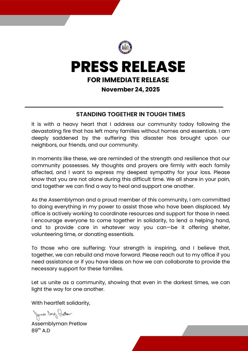 JGPretlow's tweet photo. I stand with the families and residents impacted by the recent fire in our community. Any support you are able to offer during this difficult time would make a meaningful difference for those affected. Thank you for your compassion and generosity. https://t.co/7FjsfRN876