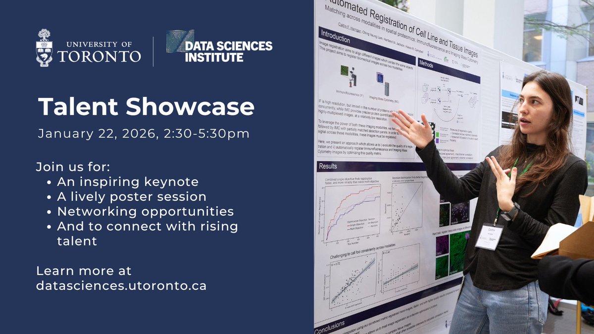 UofTDSI's tweet image. Registration is now open for the Data Sciences Institute Talent Showcase!
📆 January 22, 2026, 2:30 pm – 5:30 pm
📍 Data Sciences Institute, 700 University Ave, 10th floor, Toronto
🎟️ Register: eventbrite.ca/e/talent-showc…