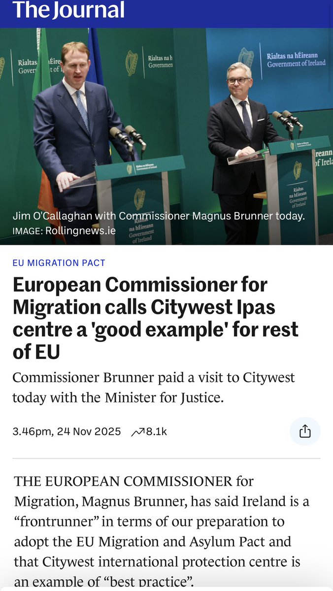 🇮🇪🚨

A 10 year-old girl was raped by an African asylum seeker with a deportation order at Citywest last month, and today the European Commissioner for Migration called Citywest a "good example for rest of EU" 

Jim O'Callaghan like a good little boy was agreeing with him.