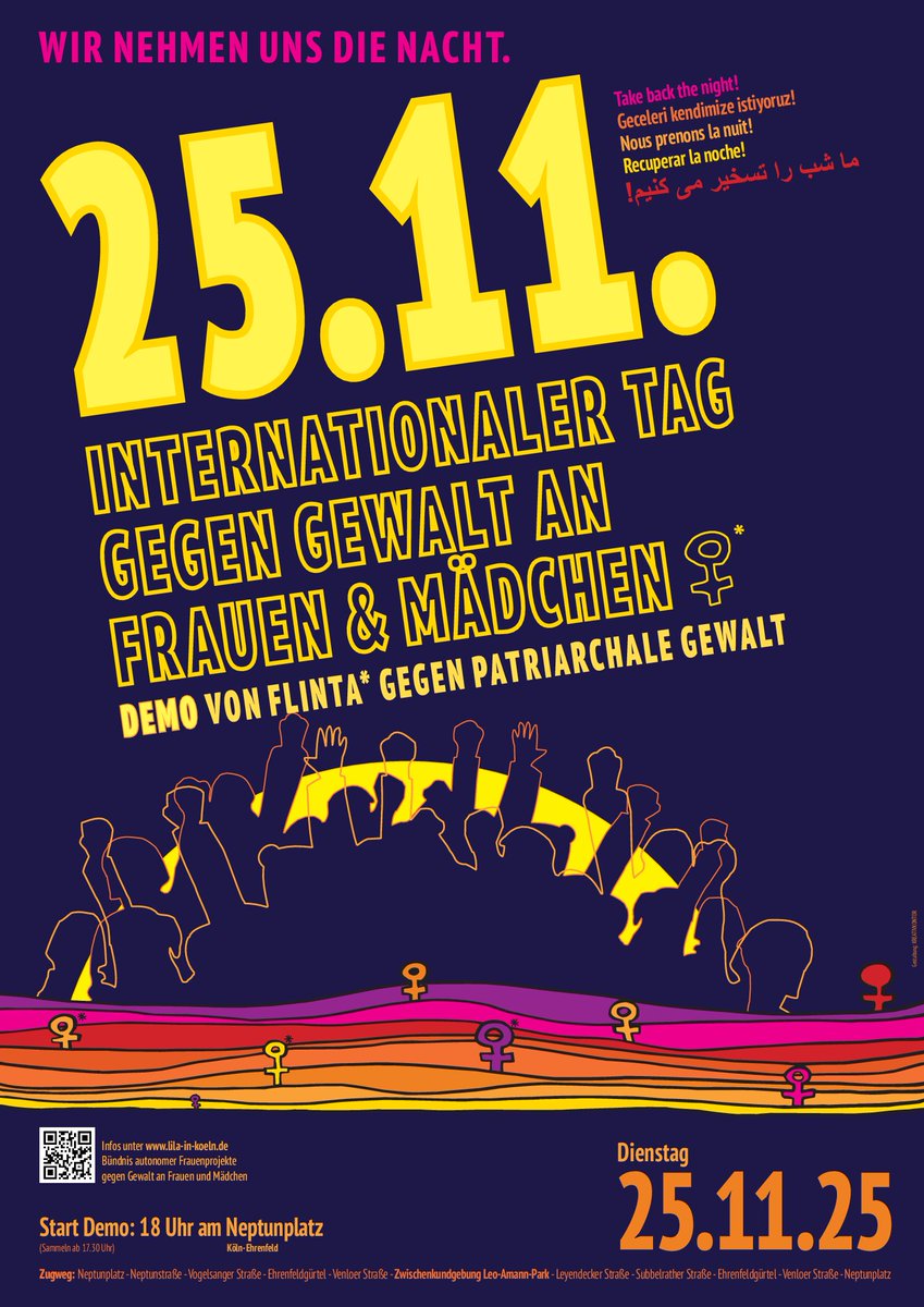 Demo  zum "Internationalen Tag gegen Gewallt an Frauen &amp; Mädchen" am 25.11.2025 ab 18 Uhr, Neptunplatz in #Köln Ehrenfeld. #StopptGewaltAnFrauen #GewaltGegenFrauen #KeineGewaltAnFrauen #OrangeTheWorld #25November #DieLinke #lilainköln