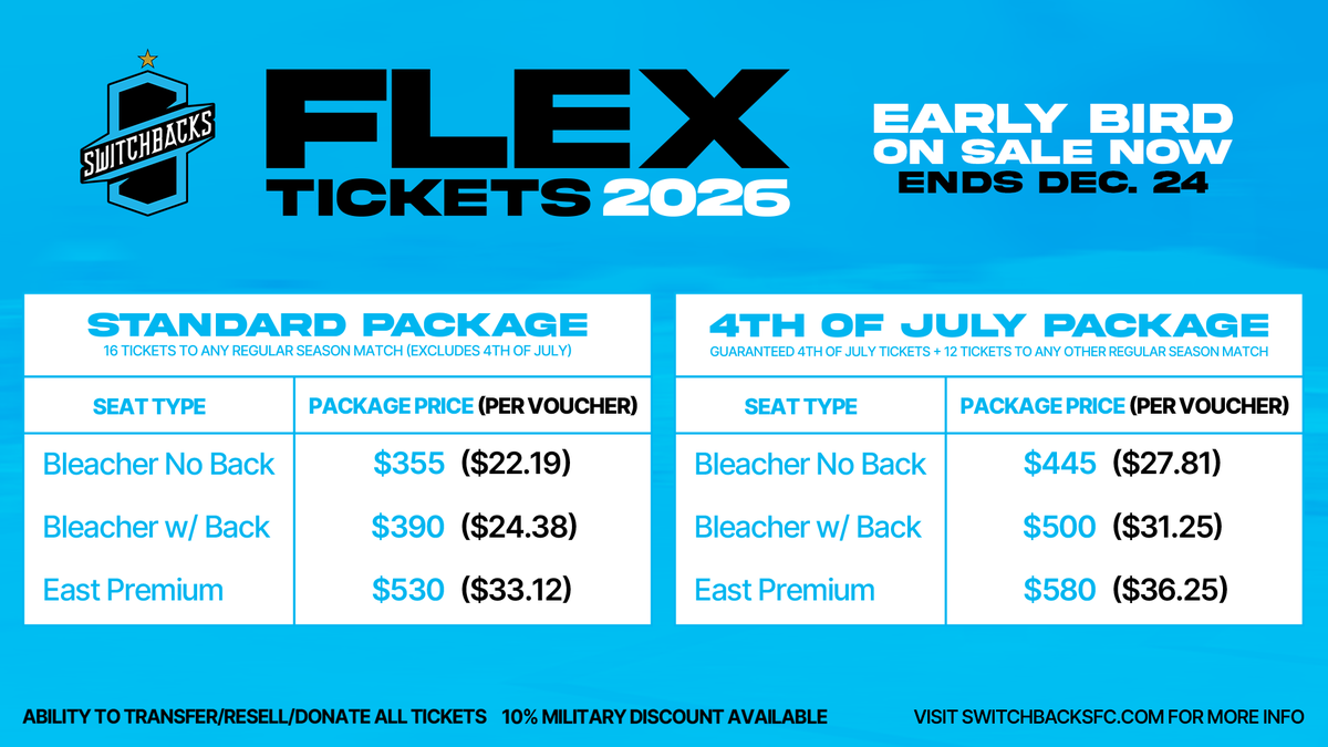SwitchbacksFC's tweet image. Give the gift of unforgettable matchday moments this holiday season. 

Our Early Bird Flex Membership is officially live, unlocking the lowest ticket rates of the year with zero full-season commitment. But hurry… this limited holiday offer is only available through December…