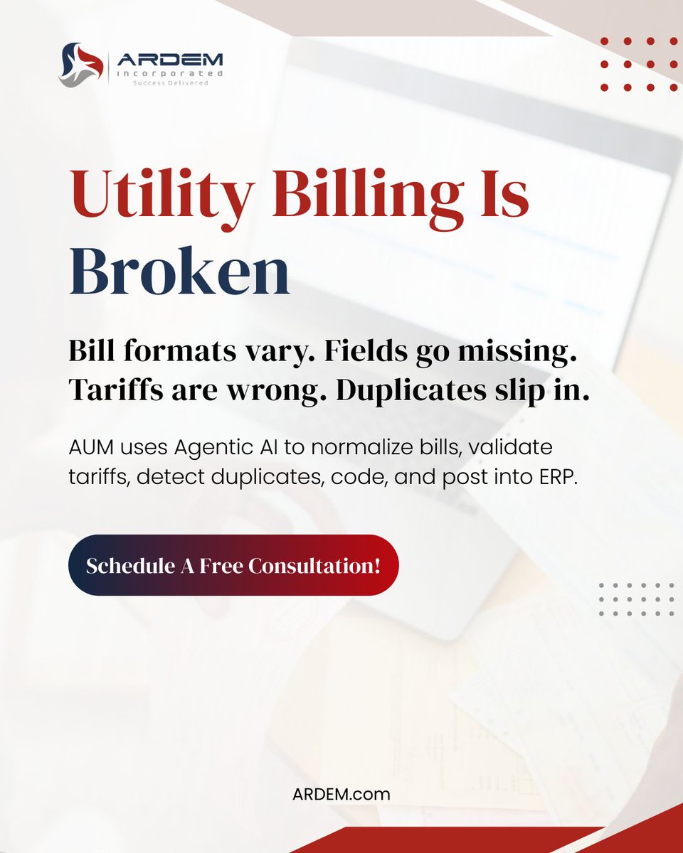 ARDEMinc's tweet image. Bill formats vary. Fields go missing. Tariffs are wrong. Duplicates slip in.
AUM uses Agentic AI to normalize bills, validate tariffs, detect duplicates, code, and post into ERP.

Fix your utility billing from day one.

#UtilityBilling #ARDEM #Automation #AI #Outsourcing