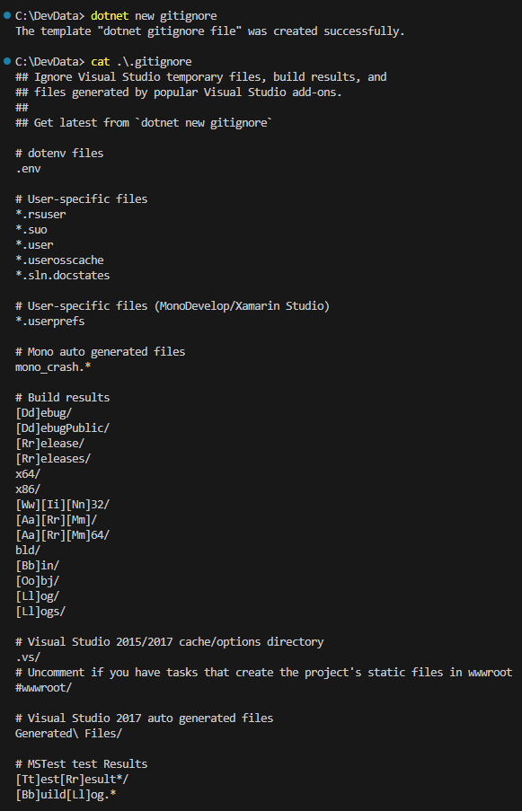 RyanRodemoyer2's tweet image. `dotnet new gitignore` is the command we needed but don&apos;t deserve. How long has this been hiding??

The premise is simple: create a .gitignore file in the current directory.