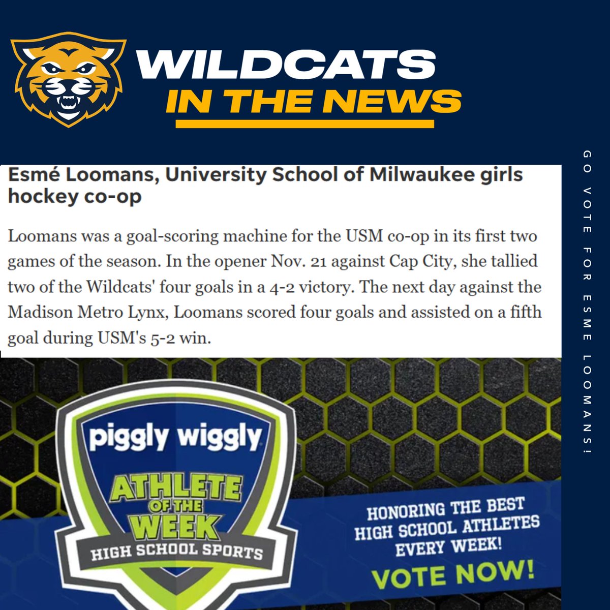 Be sure to go and vote for Esme Loomans who was nominated for MJS Athlete of the Week! 
Link is in our bio! 
<a href="/usmsocial/">University School of Milwaukee</a> <a href="/USMAthleticsAD/">Tim Williams</a> #BetterEveryday