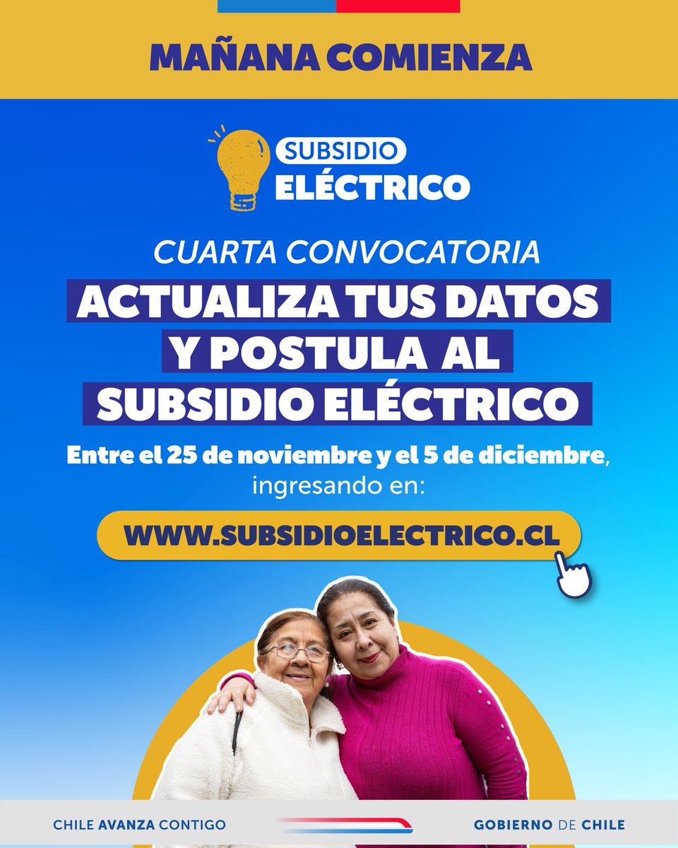 Desde mañana podrás solicitar el #SubsidioEléctrico, que entrega un descuento directo en las cuentas de la luz. 💡⚡️

Si ya lo tienes y te cambiaste de domicilio, actualiza tus datos. ⚠️

Infórmate y postula en 📲 subsidioelectrico.cl.