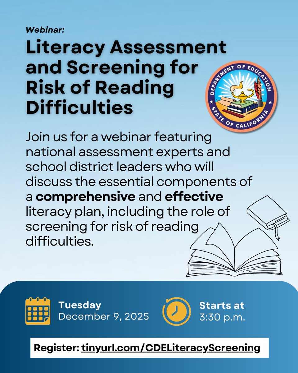 CADeptEd's tweet image. Join us, along with national assessment experts and school district leaders, who will discuss the essential components of a comprehensive and effective literacy plan.

📚 Register today via tinyurl.com/CDELiteracyScr….