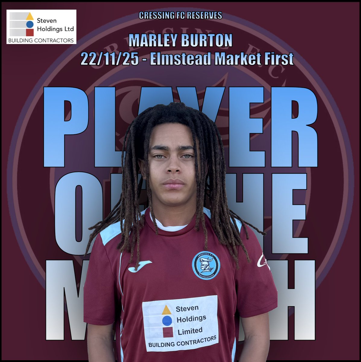 CressingFC's tweet image. POTM - Reserves⚽️

Weekend’s POTM is Marley Burton💥

‘Quality performance from one of our youngest players topped off with a goal. A constant threat going forward and created chance after chance’.

Up the Cressing! ⚽️

#CressingFC
#StevenHoldingsLTD
#UTC