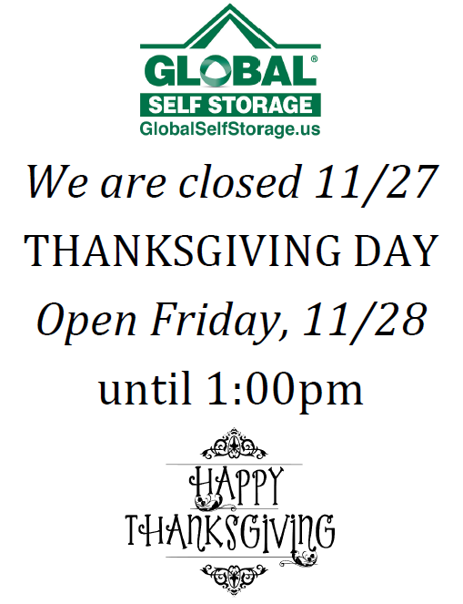 gss_global's tweet photo. Our offices will be closed on Thursday, November 27, 2025 for the Thanksgiving holiday. Our offices are open Friday the 28th until 1pm. 
Please take advantage of our convenient #kiosks during this time for all your payment, rental, and #storage needs. https://t.co/rsQWrSzBW1