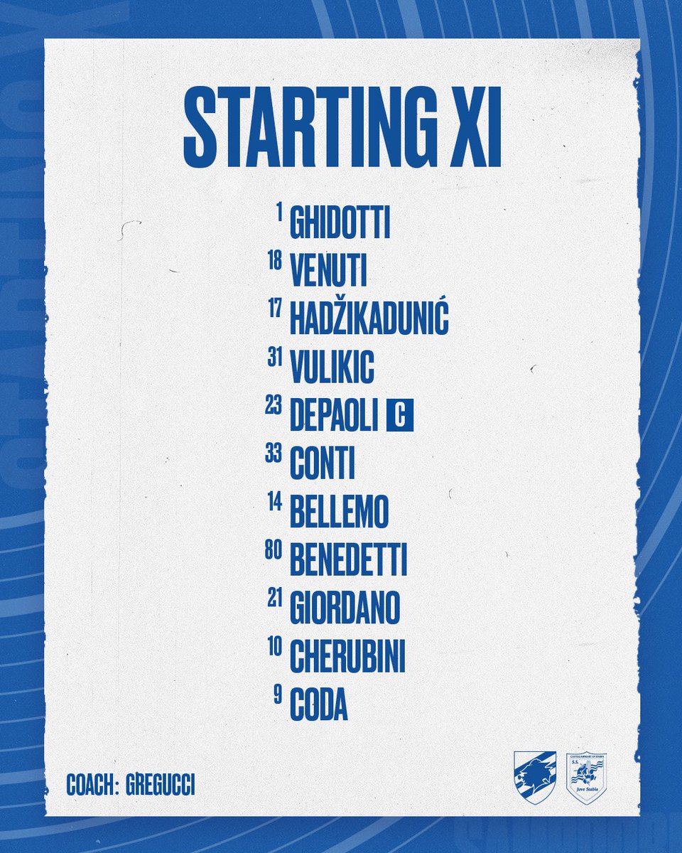 sampdoria's tweet image. Starting XI 💪🏻

#SampJuveStabia | #SerieBKT

#ForzaDoria 🔵⚪🔴⚫⚪🔵