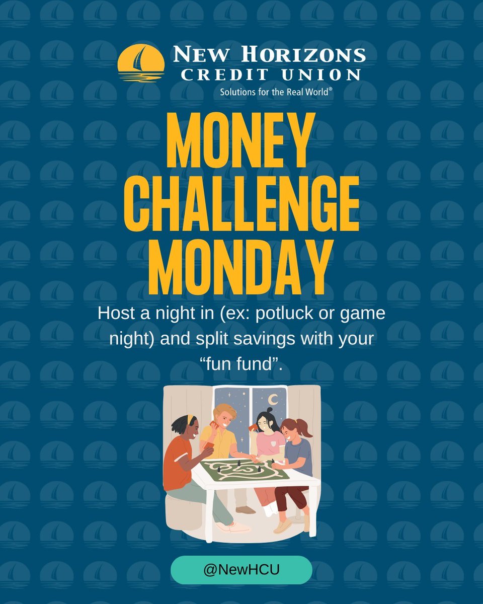 NewHCU's tweet image. Happy Money Challenge Monday! 💰This week&apos;s challenge is to host a night in (ex: potluck or game night) and split savings with your &quot;fun fund&quot;. This is a great way to save money and think outside the box for entertainment!