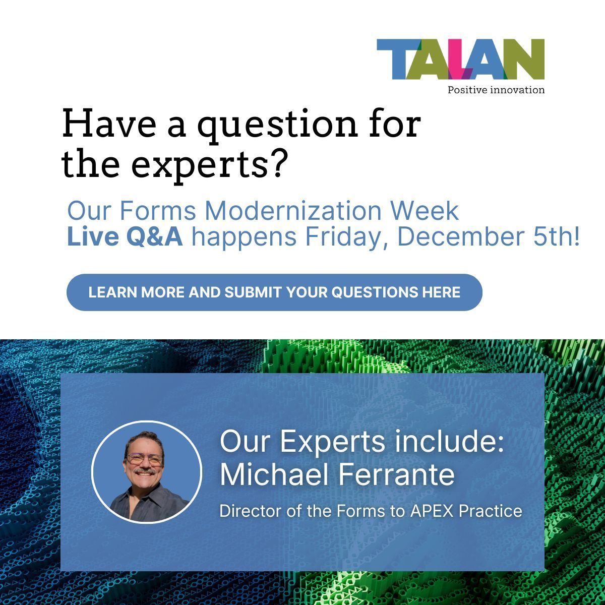 TalanOracleTech's tweet image. Our Forms Week Live Q&amp;amp;A takes place on Friday, December 5th at 9:00 AM. Bring your biggest questions about Oracle Forms, APEX, and modernization, and our team of experts will answer them live. 

Submit yours here: talan.com/americas/en/fo… 

#FormsModWeek #OracleForms #orclapex