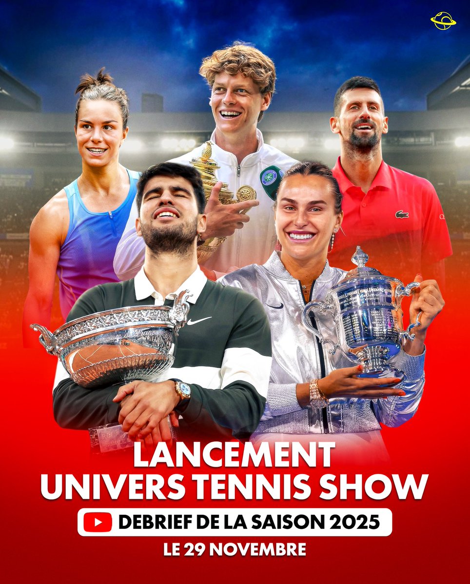 UniversTennis's tweet image. 🎬 Univers Tennis lance sa première émission en plateau : UNIVERS TENNIS SHOW 🔥

📆 Première : samedi 29 novembre
📺 Sur YouTube
💥 Épisode 1 : Débrief de la saison 2025, meilleurs moments, tops et flops…

Merci de faire grandir ce média avec nous. Hâte de vous montrer ça ! 💛