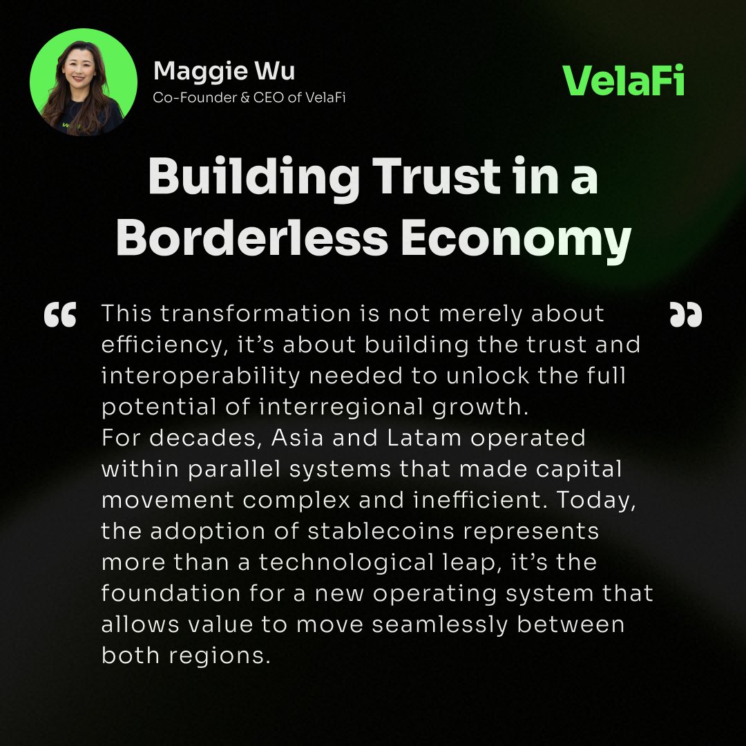 Velafi_global's tweet image. #Stablecoins are redefining how value moves between Asia and Latin America.

Read the full article by Maggie Wu, CEO and Co-Founder of VelaFi, on Mexico Business News:
🔗mexicobusiness.news/finance/news/s…
#Stablecoins #FinTech #CrossBorderPayments #Asia