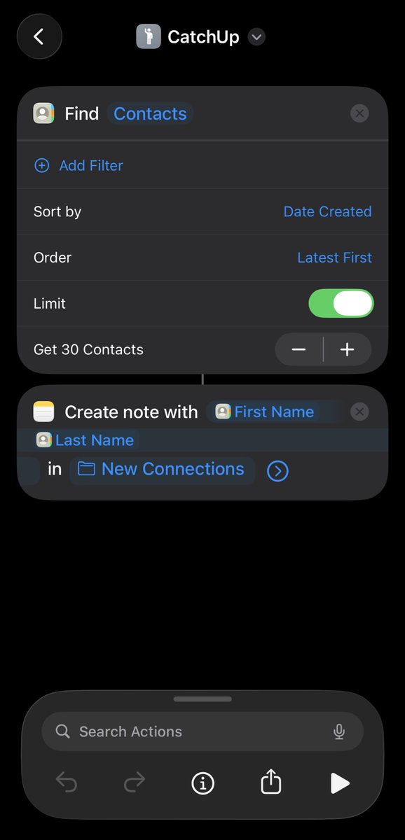 To some my little issue of exchanging contacts at meetups and events but loosing track of names, I built this little apply shortcut that spools the last 30 saved numbers and saves it to a note for me 🫠😅