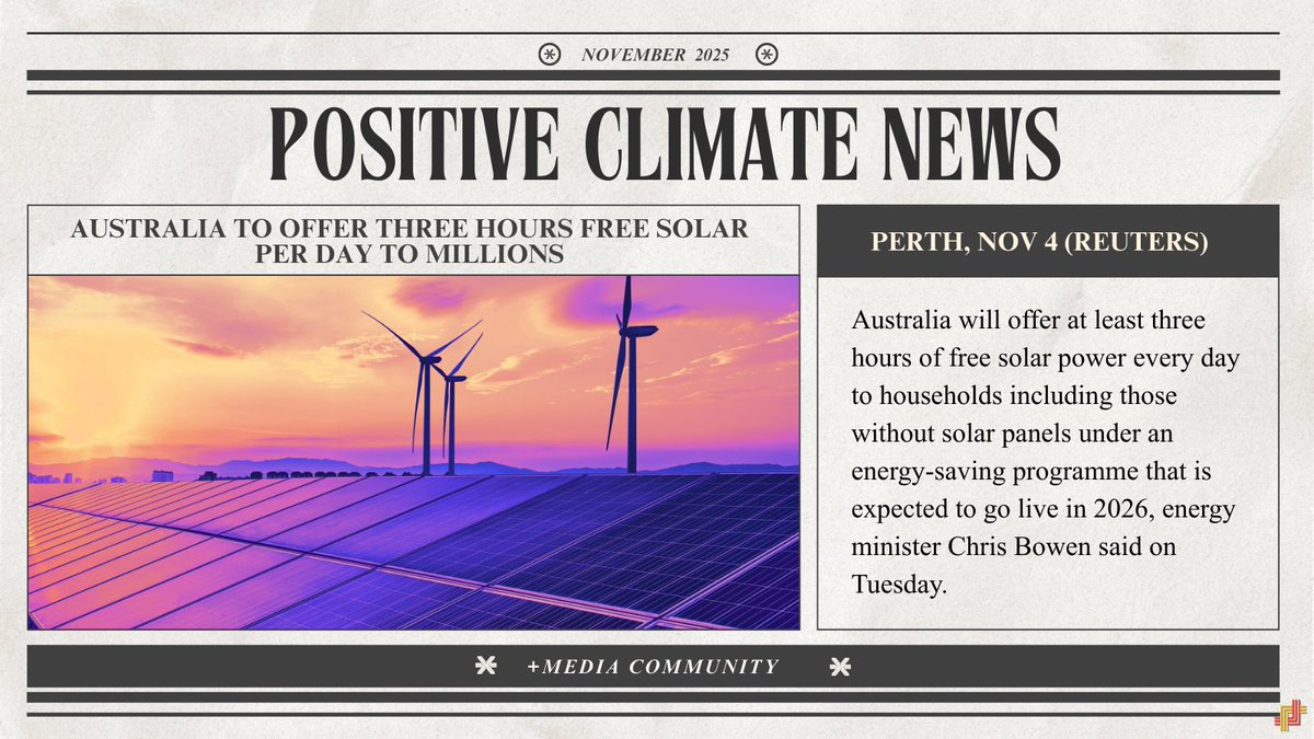 plusmediasolut1's tweet image. This is the solar blueprint the world needs! 💡

Proof: Australia will offer millions 3 hours of FREE solar energy per day. Clean energy pays off!
🔗 Read how: reuters.com/business/energ…

#SolarBlueprint #PositiveImpact #CleanEnergy