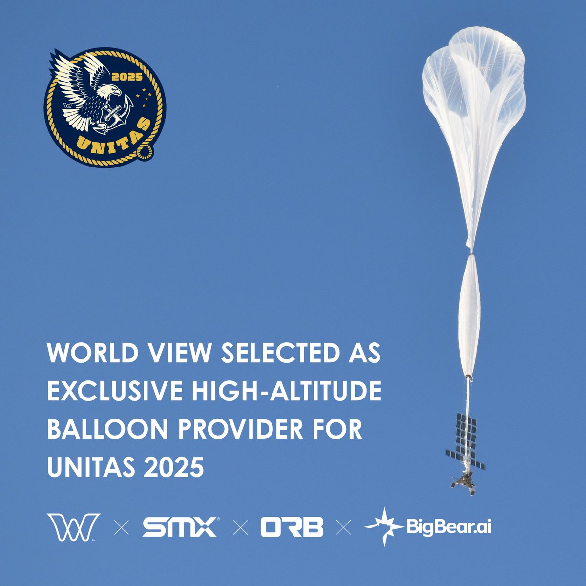 WorldViewSpace's tweet image. World View was the exclusive high-altitude balloon provider for #UNITAS2025.
✅ Persistent ISR
✅ AI-driven analytics
✅ Single Pane of Glass for decision advantage
Partners: @bigbearai @orbaerospace SMX
Full story: bit.ly/43QVQkN
#DefenseTech #ISR #MultiDomainOps
