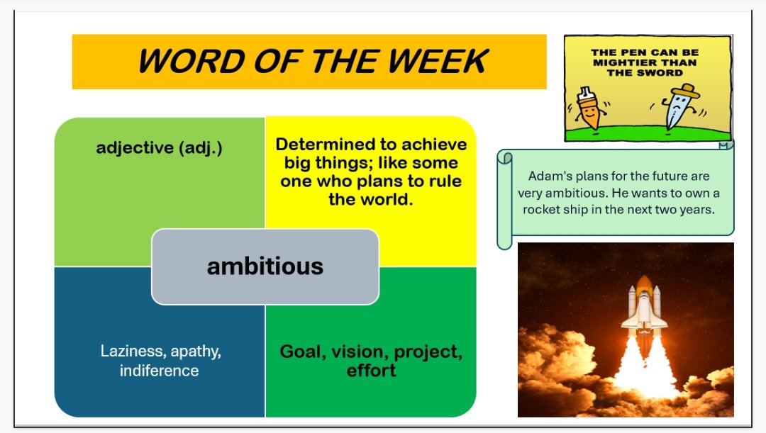LanghamOaks's tweet image. 👉 This weeks word of the week is AMBITIOUS. Please hand your entries in to Juliet by Friday. @LanghamOaks #Literacy #SEMH