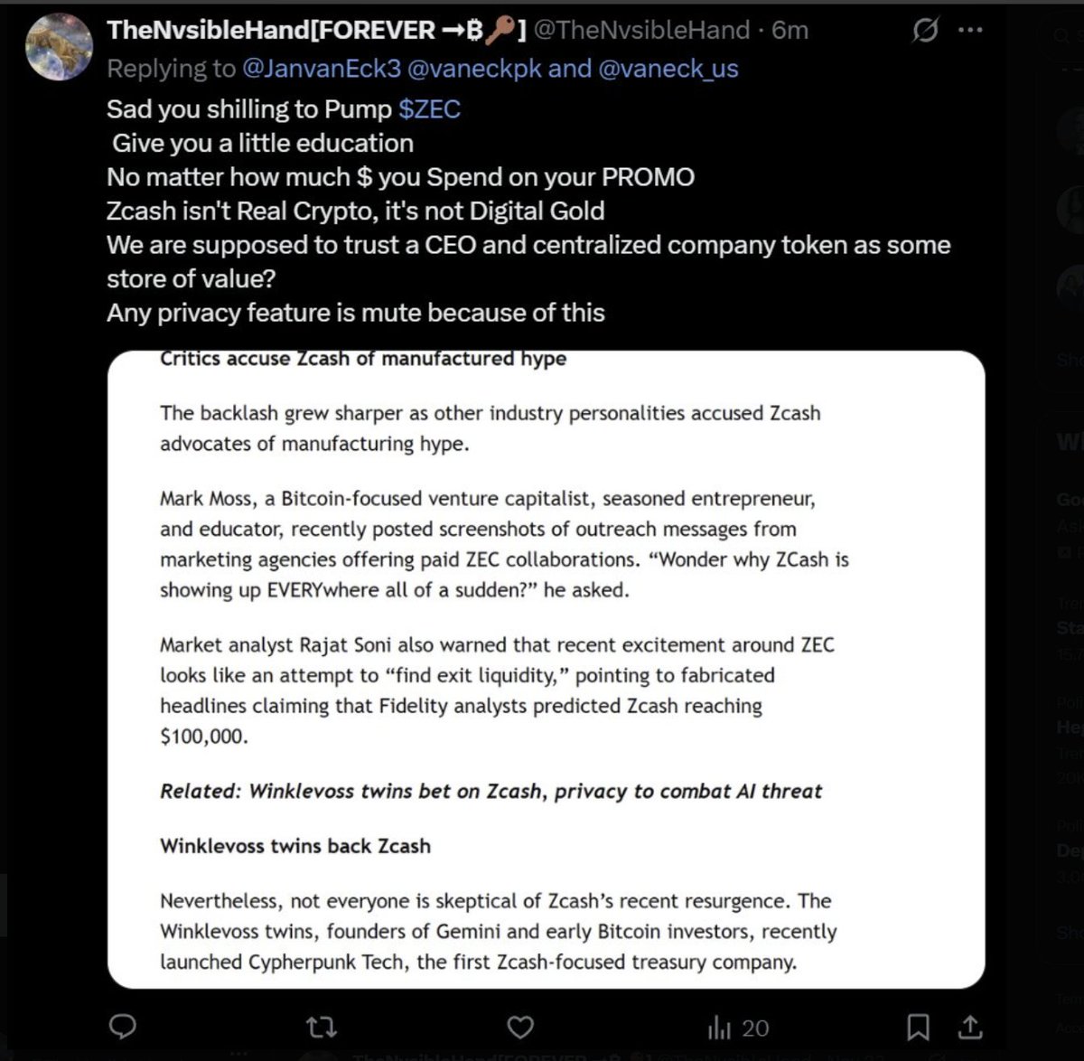 TheNvsibleHand's tweet image. Are you another paid poster or
are you a complete Moron 
 $ZEC is trash
Centralize token created by a company with a CEO
Zero store of value
And No one uses Zcash

All Facts Fucktard 🤣