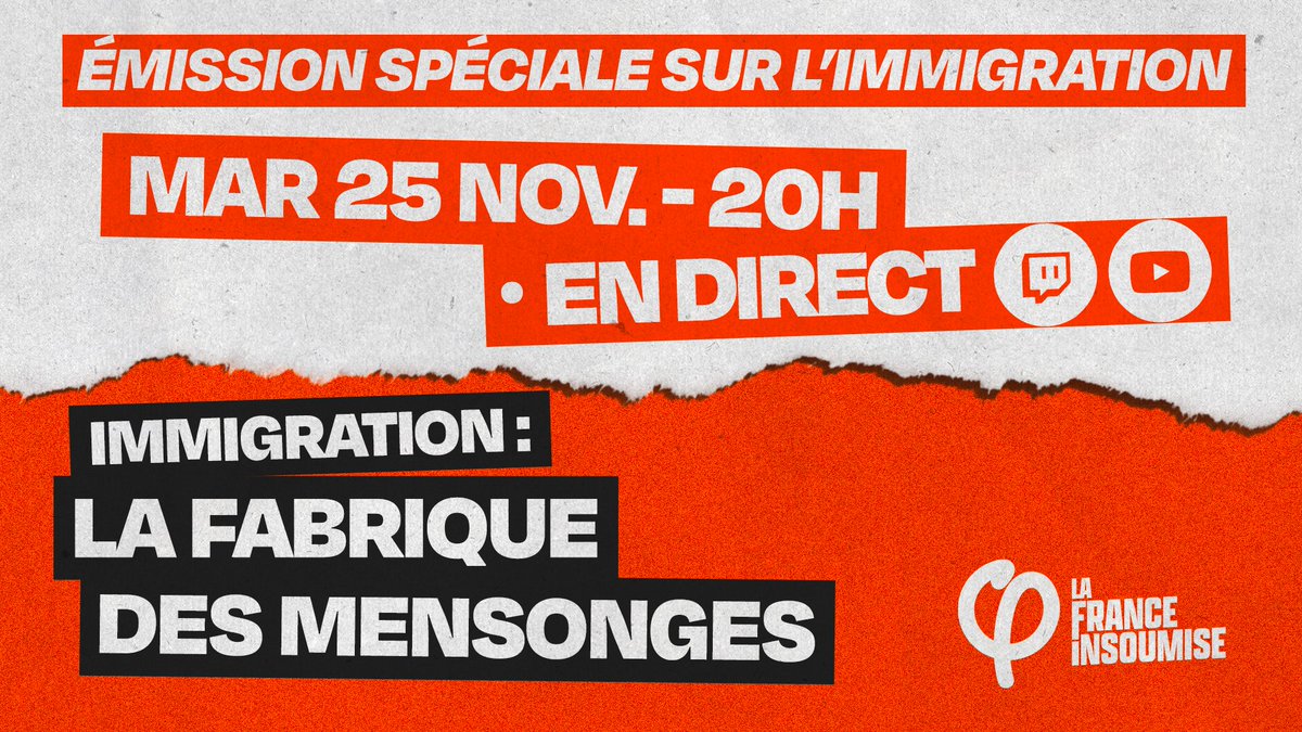 Immigration : la fabrique à mensonges.

Rendez-vous demain à 20h pour notre émission spéciale sur Youtube et Twitch.

youtube.com/watch?v=zCmw_2…