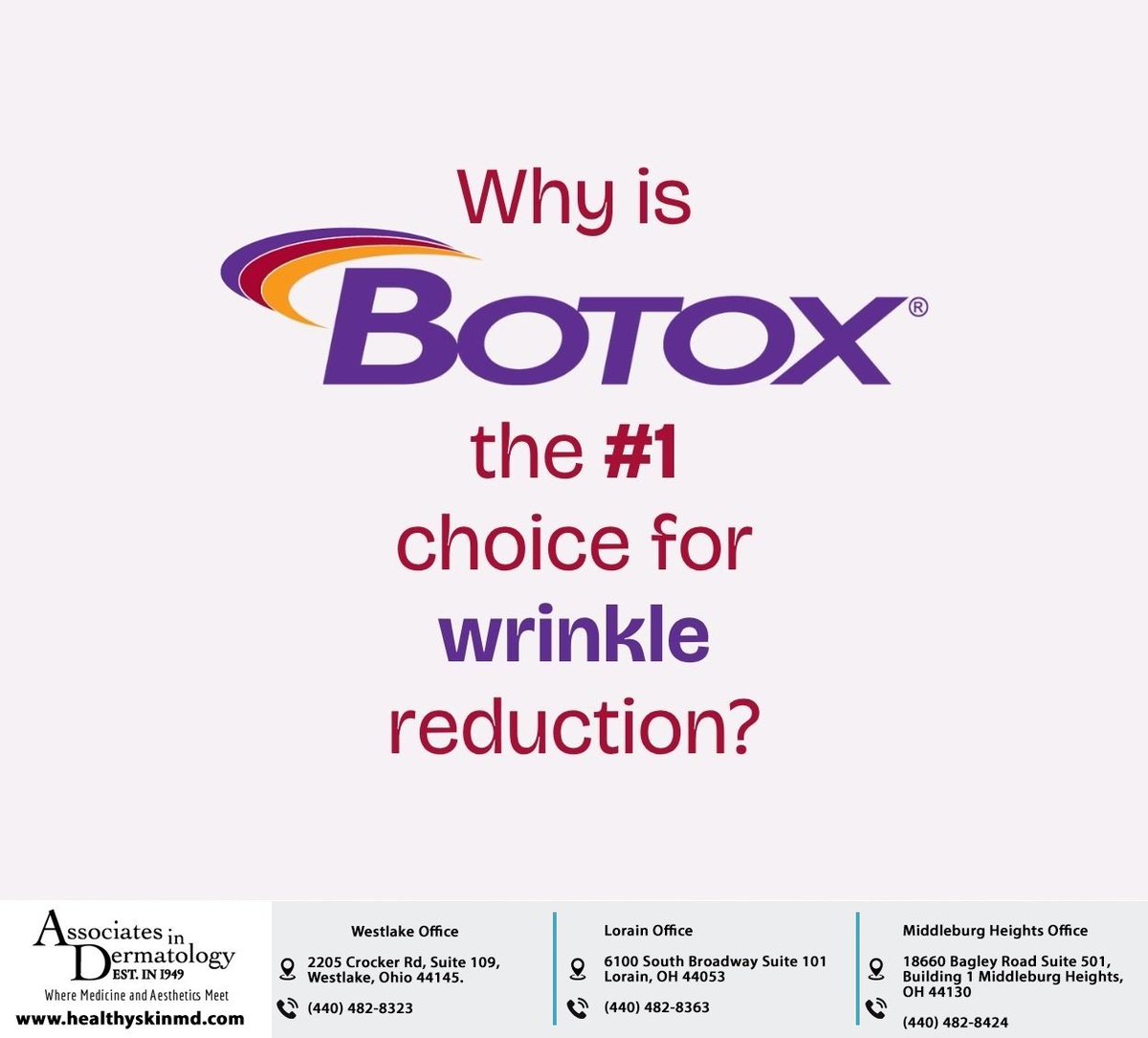 associates_derm's tweet image. Want to smooth out those fine lines and wrinkles? Botox is a top choice for achieving a youthful look, and it&apos;s easy to see why. Visit healthyskinmd.com to book a consultation. #botox #antiaging #skincare #associatesindermatology #oh