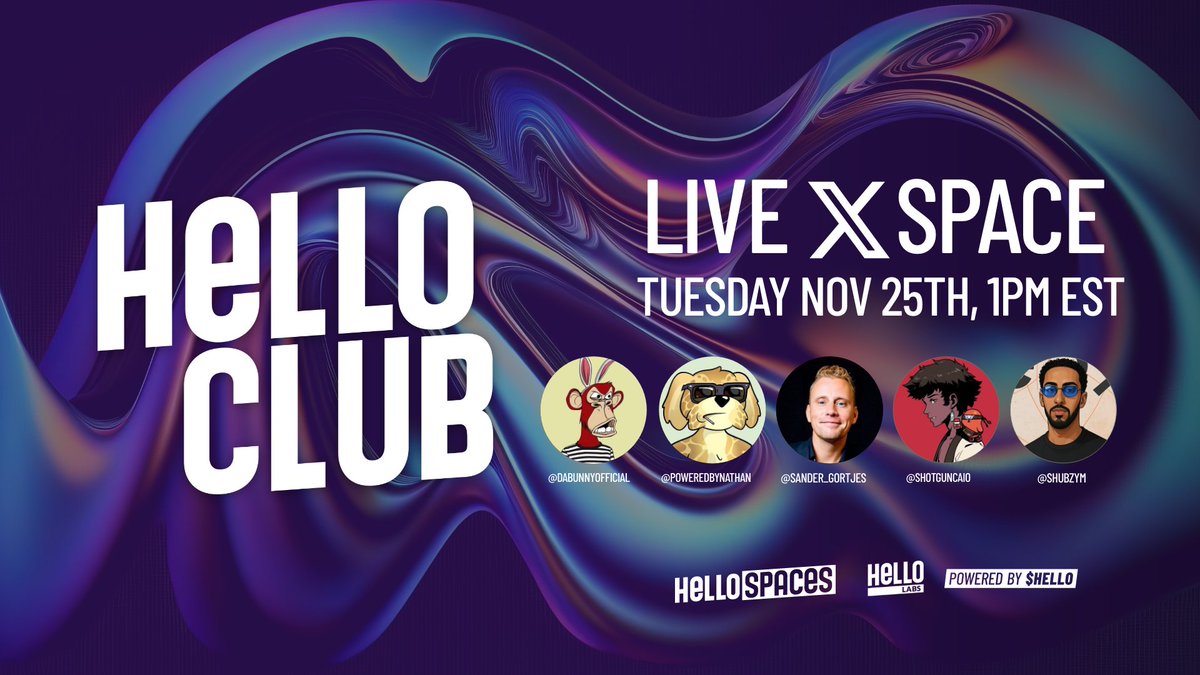 HELLO Club Space: DEX Revenue Sharing + Ecosystem Overview

Join us Nov 25 at 1PM EST for a $HELLO session breaking down HELLO DEX revenue sharing with listed projects, ecosystem ties with <a href="/KillerWhalesTV/">Killer Whales</a>, and how it all connects to community staking rewards inside HELLO Club at