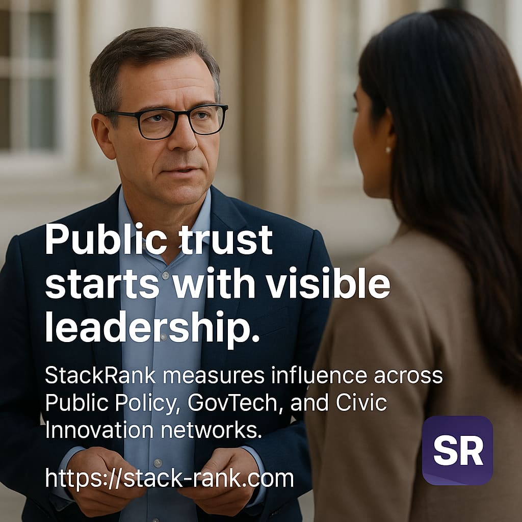 CaliCatSvc's tweet image. 🏛️ Public trust starts with visible leadership.
StackRank measures influence across Public Policy, GovTech, and Civic Innovation networks.

labs.shp.so/l/aHQflh

#PublicPolicy #CivicTech #GovTech #Leadership #StackRank