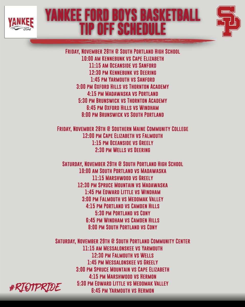 We are pleased to share the schedule for the 2025 Yankee Ford Boys Basketball Tip Off Tournament on Friday, November 28th &amp; Saturday, November 29th. #RIOTPRIDE