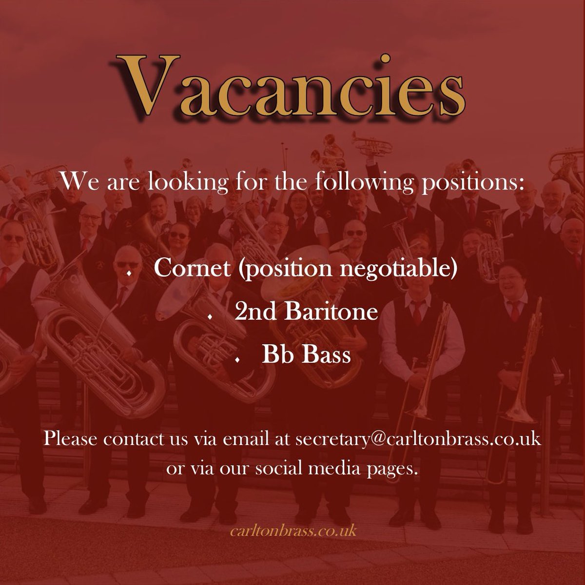 Looking to join a friendly brass band in the Nottingham area? We are a welcoming 2nd section brass band based in Netherfield. We rehearse Mondays and Thursdays from 7:30pm to 9:30pm and have an exciting calendar of events ahead.
Please get in touch at secretary@carltonbrass.co.uk