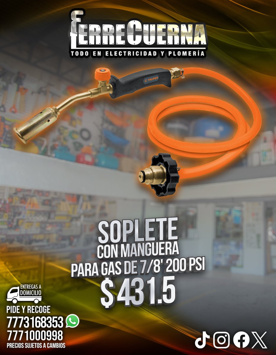 FerreCuerna's tweet image. Soplete con manguera para gas de 7/&apos; 200 PSI $431.5
𝗪𝗵𝗮𝘁𝘀𝗔𝗽𝗽: wa.me/17773168353
7771000998
#SuperPrecios #Cuernavaca
Todo en #Plomería🚰 #Electricidad💡#Herramienta 🛠 #Tincos
Entregas #pickup en tienda
#Noviembre  #Otoño #FelizLunes
#Fácil, #Rápido, #Práctico