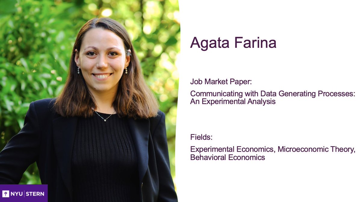 PMoserEcon's tweet image. @NYUSternEcon has two great students on the job market this year: Agata Farina (@AgataFarina) works in experimental economics and microeconomic theory. Check out Agata's job market paper and other research: agatafarina.com