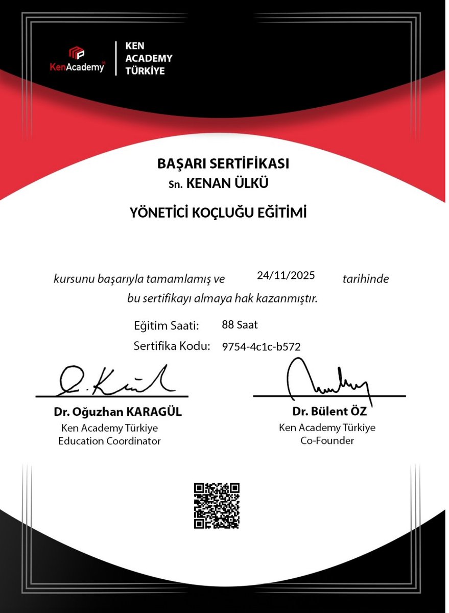 YÖNETİCİ KOÇLUĞU eğitimini başarıyla tamamladım. Hayırlı olsun.
Bu süreçte kaliteli eğitim programları ile destek olan Ken Academy'e çok teşekkür ederim.
Hayat boyu öğrenme süreci devam etmektedir.