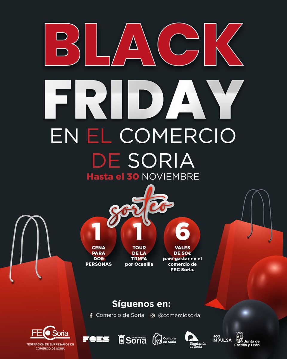 ComercioSoria's tweet photo. 📣¡Llega el Black Friday al comercio de Soria!
Sorteamos una cena para dos, un tour de la Trufa o 6 vales descuento de 50€
Descubre todas las ofertas que han preparado nuestros comercios para ti en https://t.co/PmFkgdhwSM

#blackfriday #comerciodesoria #compraensoria https://t.co/Vu1ddqrMdQ