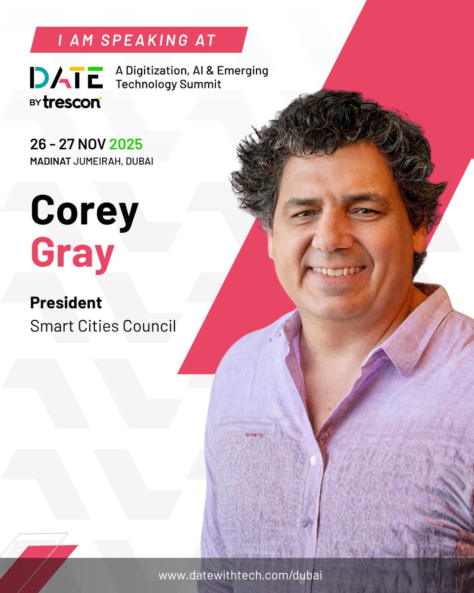 Corey Gray, President of Smart Cities Council, will speak at DATE MENA 2025 in Dubai 🇦🇪 on Nov 27.

He’ll join leaders from Depa Group, Saudi Ministry of Health &amp; EY to discuss building resilient, connected &amp; intelligent enterprises.

🔗 events.smartcitiescouncil.com/DATEMENA2025AD…