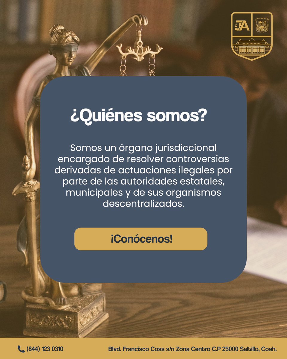 Somos un órgano jurisdiccional encargado de resolver controversias derivadas de actuaciones por parte de las autoridades estatales, municipales y de sus organismos descentralizados.

Acércate al Tribunal de Justicia Administrativa de #Coahuila de Zaragoza #TJAC ⚖️