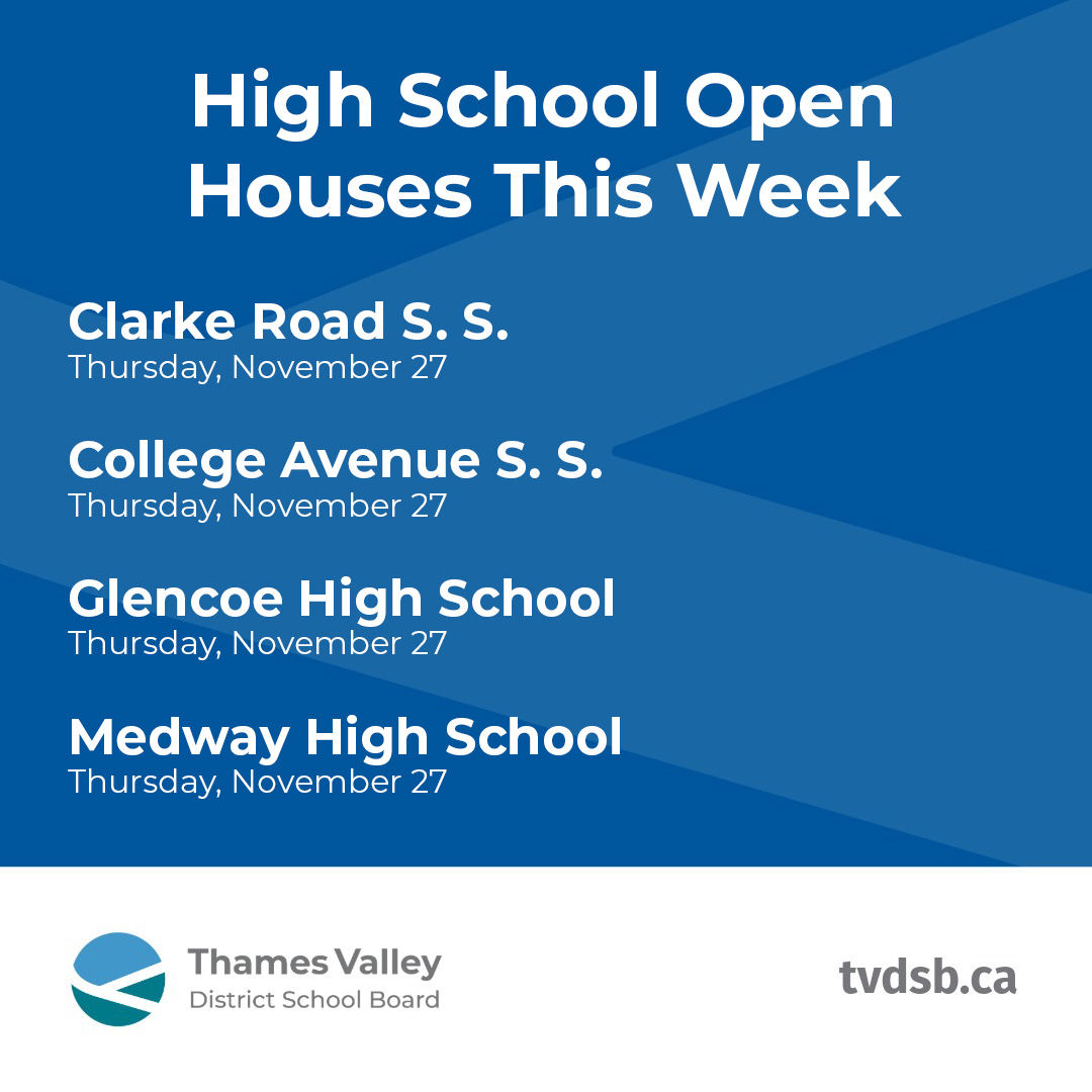 TVDSB's tweet photo. High School Open Houses this week!

⭐Oakridge 
⭐Woodstock
⭐Lucas
⭐Arthur Voaden 
⭐Huron Park
⭐IDCI
⭐North Middlesex
⭐London South
⭐Clarke Road
⭐College Ave
⭐Glencoe
⭐Medway

Find dates &amp; times for all high school open houses at https://t.co/aJ54AaZ8O7

See you there! https://t.co/1aXL4gDPMU