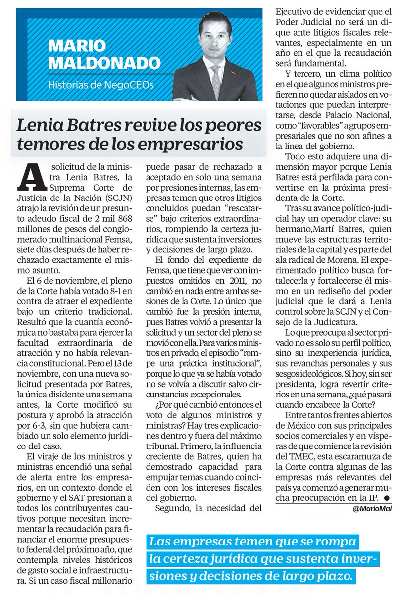 LuisCardenasMx's tweet image. 📰 LENIA BATRES ENCIENDE LAS ALARMAS EMPRESARIALES

El periodista @MarioMal analiza cómo una decisión de la ministra Batres reavivó el mayor temor de la IP: que se rompa la certeza jurídica que sostiene inversiones y litigios fiscales millonarios.

📎 Imperdible su columna de hoy…