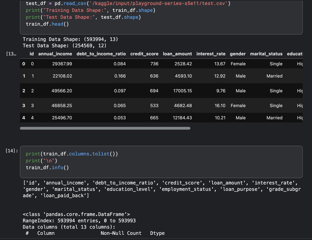 17_aligator's tweet image. Working on a new Kaggle ML problem: predicting loan repayment using a large financial dataset (≈594k training rows).
Features include income, loan amount, credit score, interest rate, etc for feature engineering and experimentation.
#MachineLearning #AI #Fintech #LoanPrediction