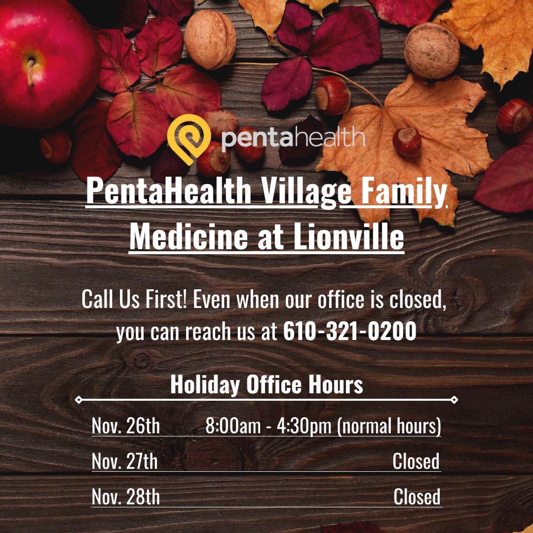 phdocs's tweet image. Thanksgiving is almost here! Here are changes to our office hours due to the holiday. (1/2)

#pentahealth #holidayhours
