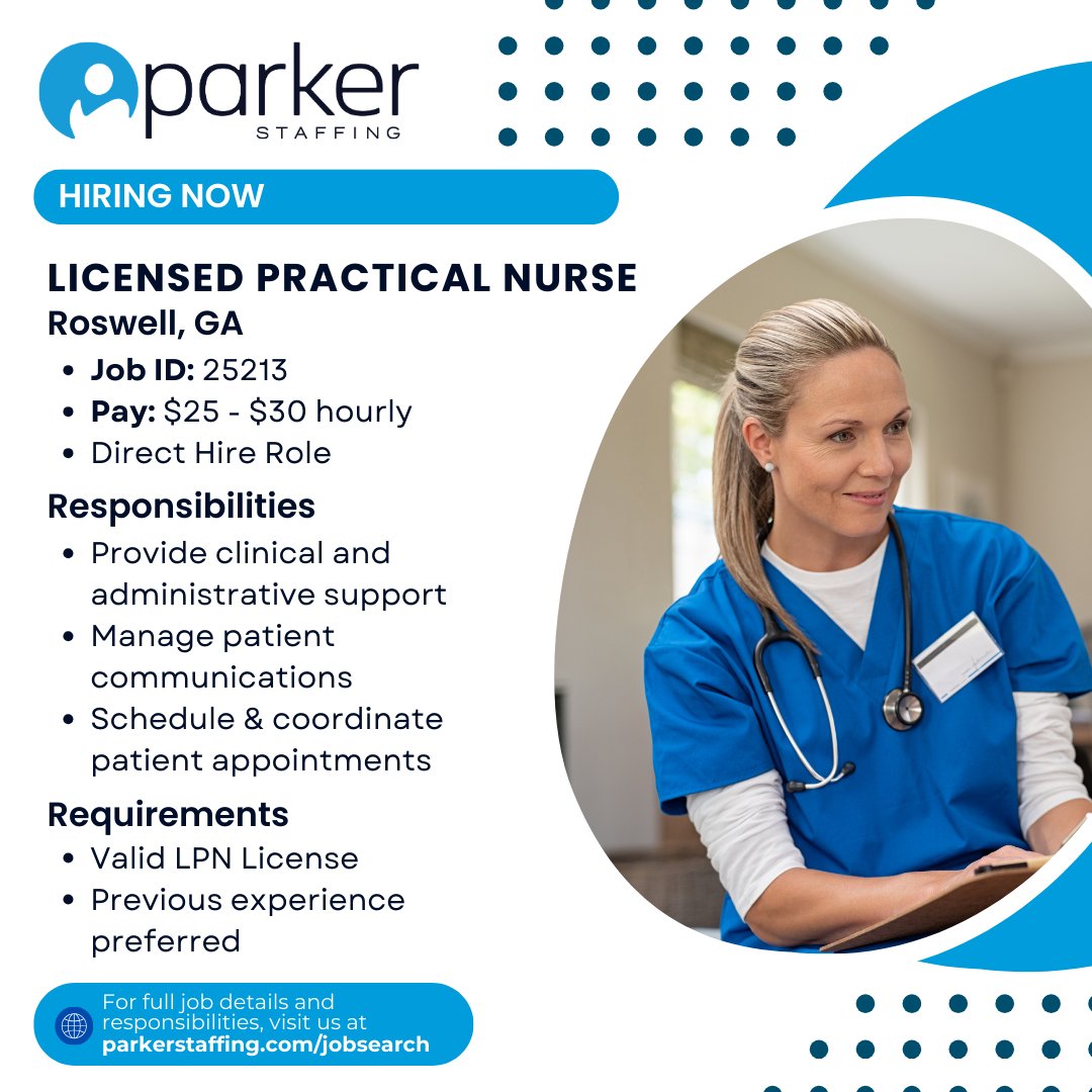 We’re hiring a compassionate Licensed Practical Nurse (LPN) to join our client’s team!

Apply today: parkerstaffing.com/job/25213-lice…

#ParkerStaffing #Hiring #LPN #NurseJobs #HealthcareCareers #NursingProfession #NowHiring