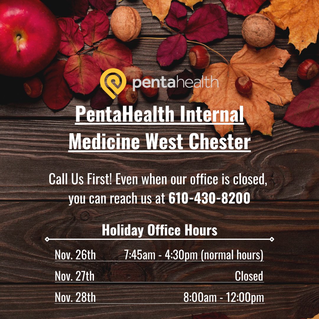 phdocs's tweet image. Thanksgiving is almost here! Here are changes to our office hours due to the holiday. (1/2)

#pentahealth #holidayhours