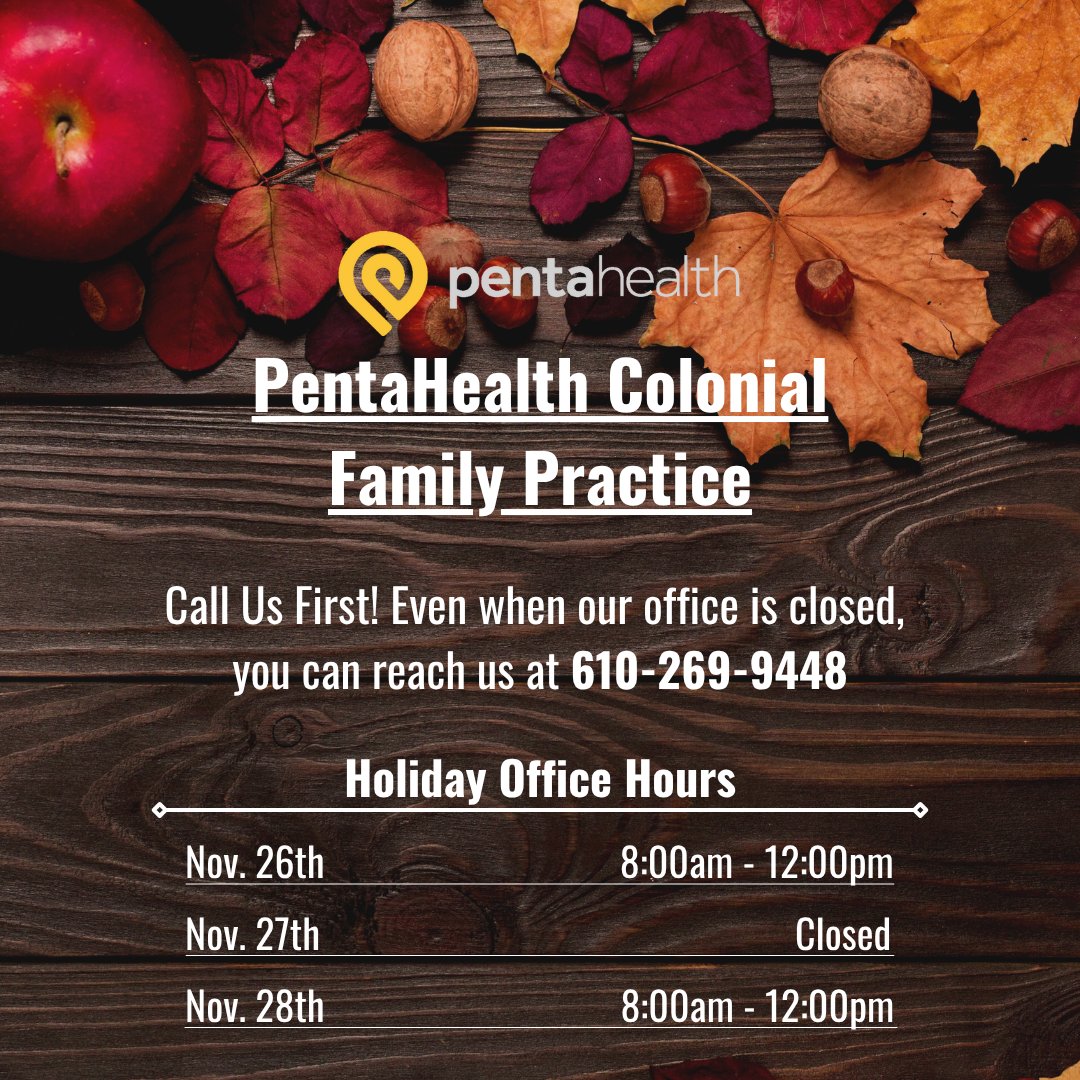 phdocs's tweet image. Thanksgiving is almost here! Here are changes to our office hours due to the holiday. (2/2)

#pentahealth #holidayhours