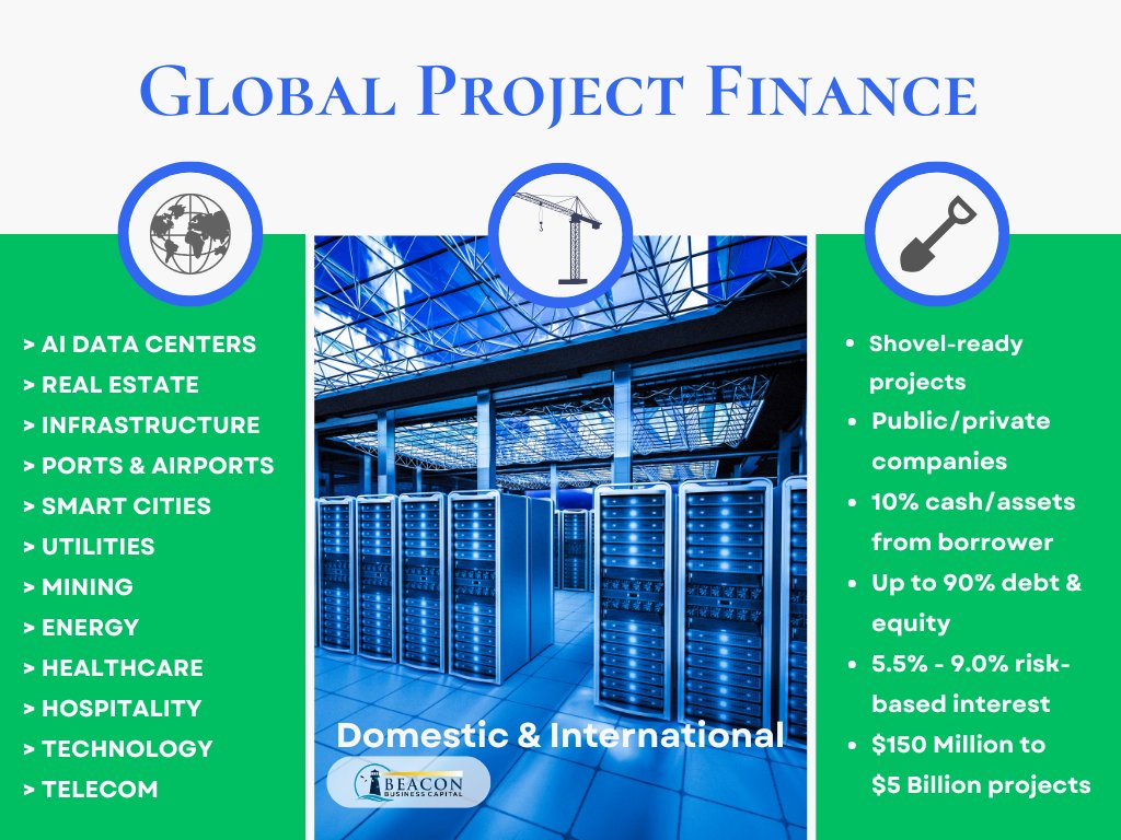 BeaconBusinessC's tweet image. Building Tomorrow’s Infrastructure Today 🌍
Access strategic debt &amp;amp; equity funding for global real estate and infrastructure - up to 90% debt and equity on a non-recourse basis.

$150M–$10B USD
Up to 10 yrs

#construction #infrastructure #projectfinance #datacenters