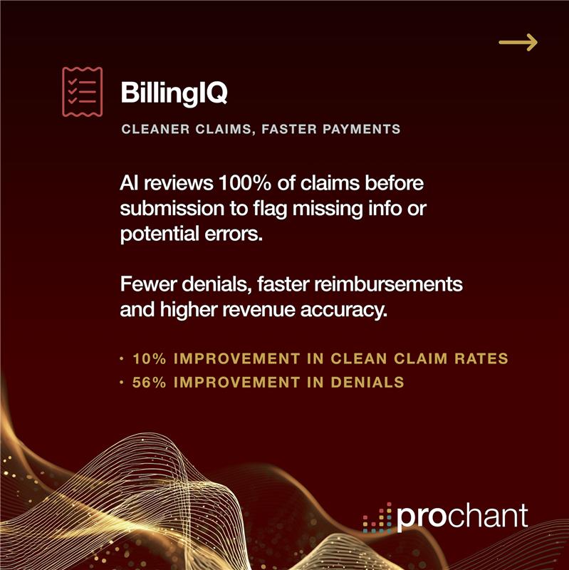 prochant's tweet image. BillingIQ uses AI to catch claim errors before they happen — cleaner submissions, faster payments, less rework.

Part of Prochant PulseIQ™ for accuracy + results that matter.
👉 prochant.com/our-technology…

#AI #RCM #HME #DME #MedicalBilling #BillingIQ