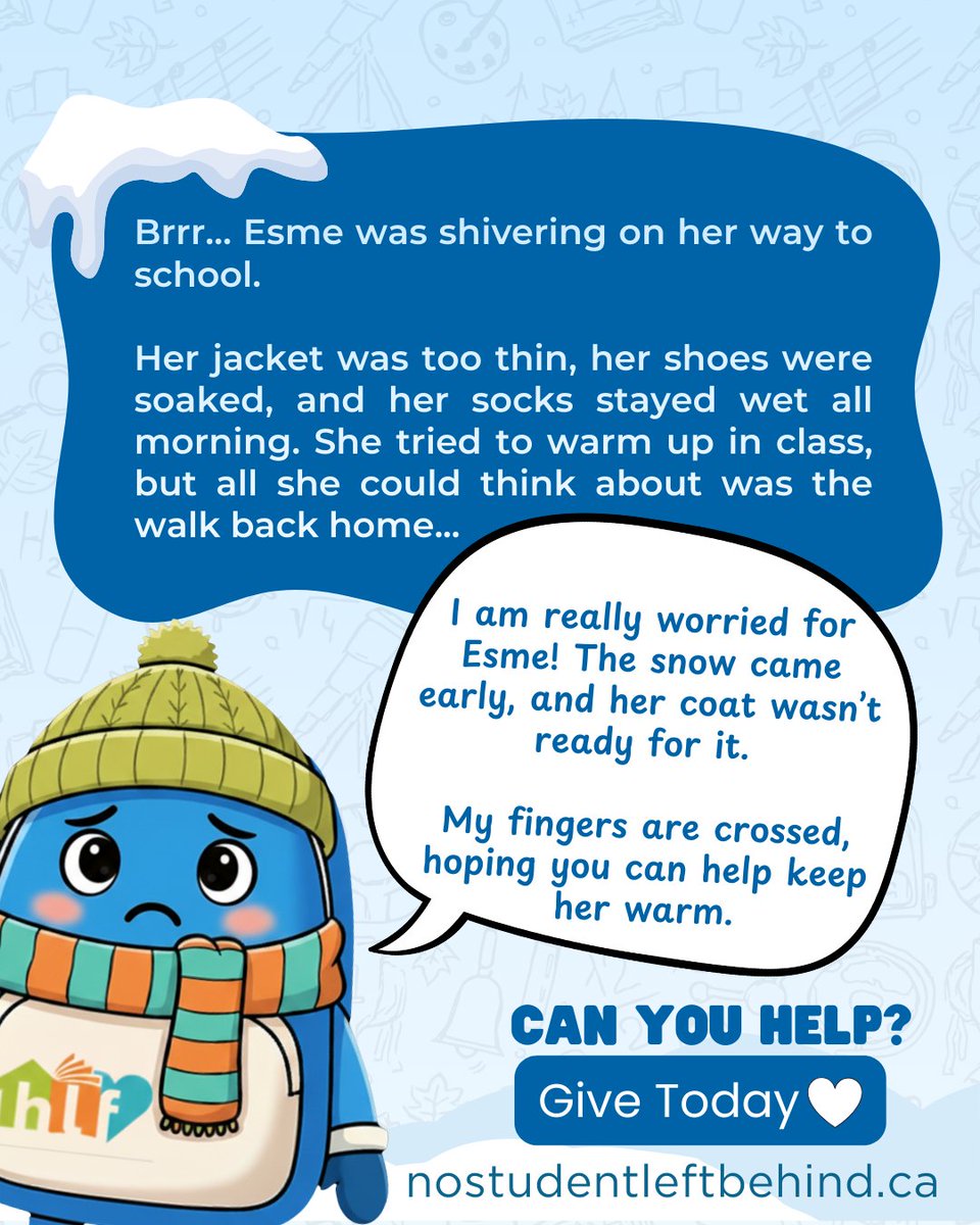 HaltonLearnFDN's tweet image. Every student deserves to be warm, no one should have shivering hands or cold, wet feet.

With your help, we can make sure students like Esme have warm boots and coats that fit.

Make a gift at haltonlearningfoundation.ca/nostudentleftb…