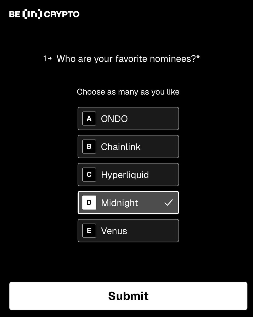 IamIanKane's tweet image. Take 15 seconds and vote for @MidnightNtwrk as “Breakthrough of the Year” on @beincrypto!

awards.beincrypto.com

And don’t forget - $NIGHT goes live Dec 8th