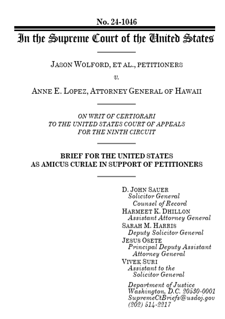 MorosKostas's tweet image. The United States has submitted an amicus brief in support of the Wolford petitioners. 

The brief represents the first time --ever-- the United States Department of Justice has filed an amicus brief in support of the Second Amendment and gun rights litigants in a case granted…