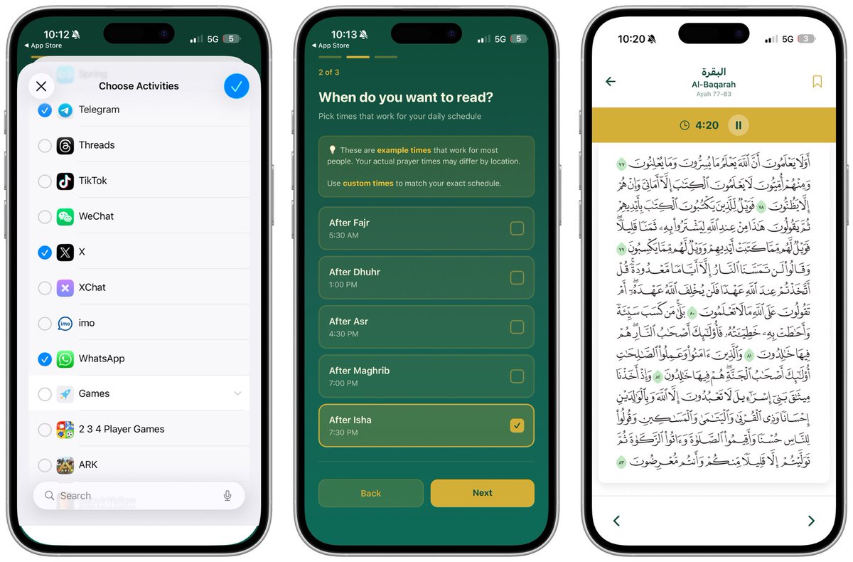 هذا تطبيق قرآن فكرته رهيبة

يساعدك على قرآءة وردك اليومي بربطه باحد التطبيقات التي تعاني من الادمان فيها ويحدد الوقت المقترح للقرآة

اذا ودك تفتح تطبيق يعطيك فرصه تقرأ وردك لاجل يفتح التطبيق 

مدمج بداخله قرآن

apps.apple.com/us/app/quran-u…