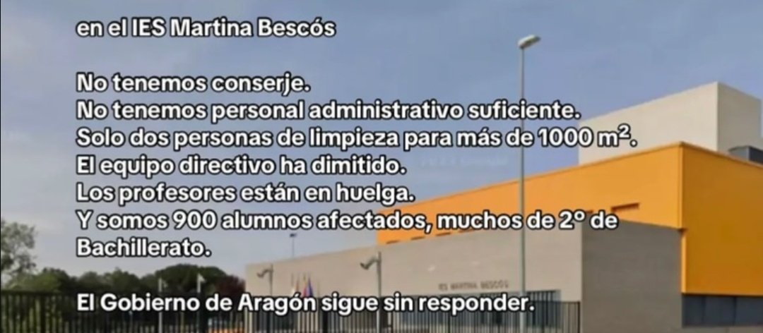 CompleganzaXzgz's tweet image. Está es la situación del IES Martina Bescós de Cuarte. 

Sin Conserje y sin casi personal administrativo. No hay personal laboral suficiente y ante esta situación la dirección ha dimitido. 

El profesorado ha convocado una huelga ante esta situación los días 2,3 y 4 de diciembre.
