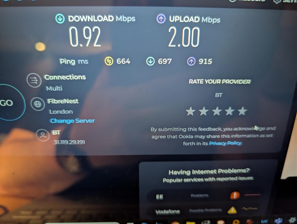 A very impressive 0.92 at the <a href="/PremiereinnCom/">Premiere Inn</a> 

It took about 20 minutes for the adverts to load before I could do the speed test.

Is there a way of finding out how fast the paid broadband is, before actually paying??